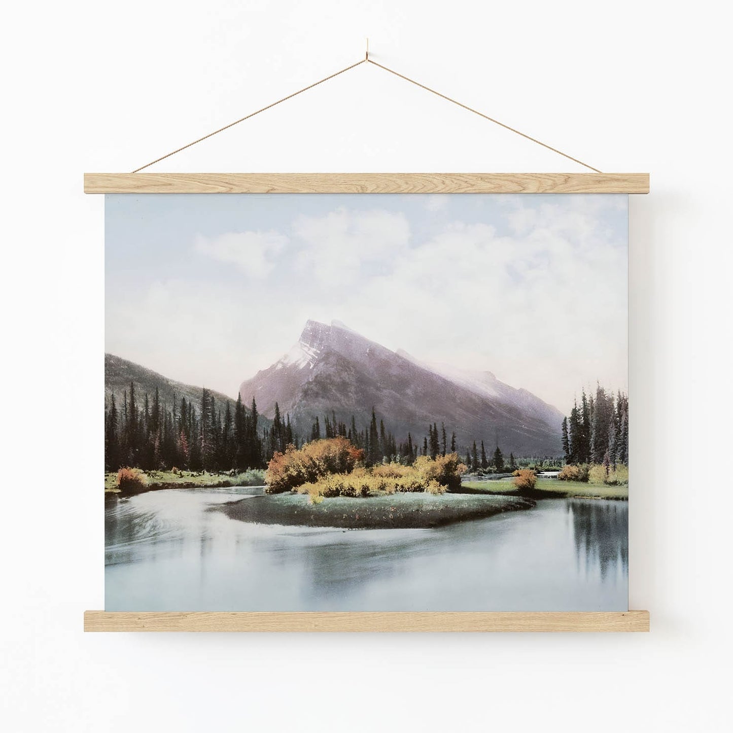 Mountain and Lake Art Print in Wood Hanger Frame on Wall