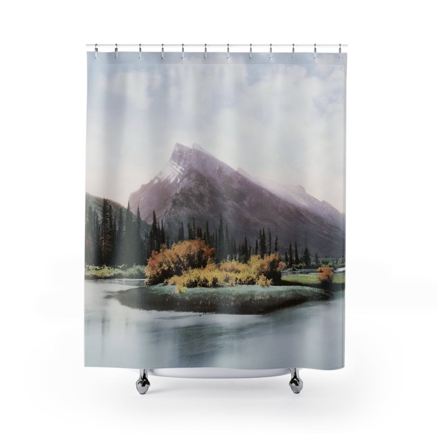 Canada Mountain Landscape Shower Curtain with Mount Arundel design, scenic bathroom decor featuring Canadian mountain scenery.