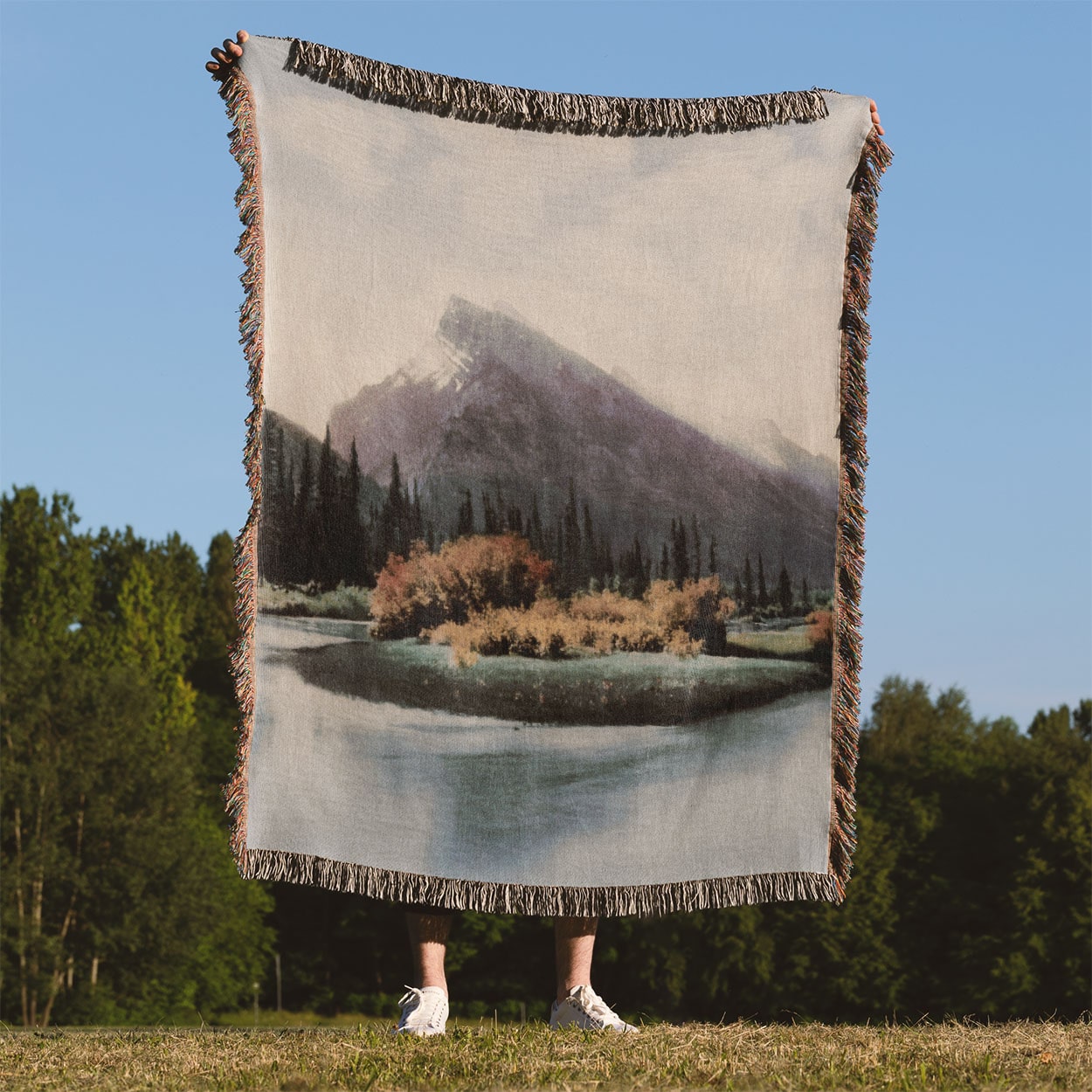 Canada Mountain Landscape Woven Blanket Held Up Outside