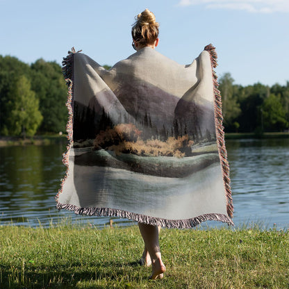 Canada Mountain Landscape Woven Blanket Held on a Woman's Back Outside