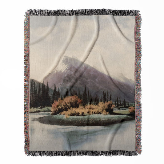Canada Mountain Landscape woven throw blanket, crafted from 100% cotton, delivering a soft and cozy texture with a Mount Arundel theme for home decor.
