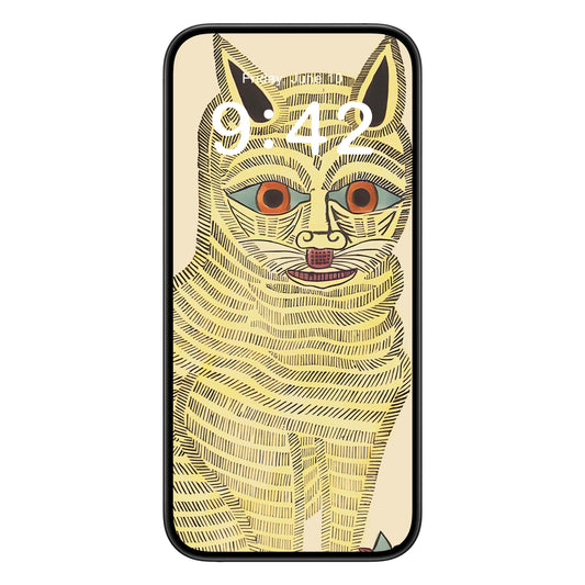 Cat Drawing phone wallpaper background with funny crazy cat design shown on a phone lock screen, instant download available.