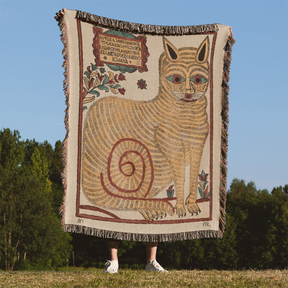 Cat Drawing Woven Blanket Held Up Outside