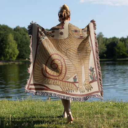 Cat Drawing Woven Blanket Held on a Woman's Back Outside