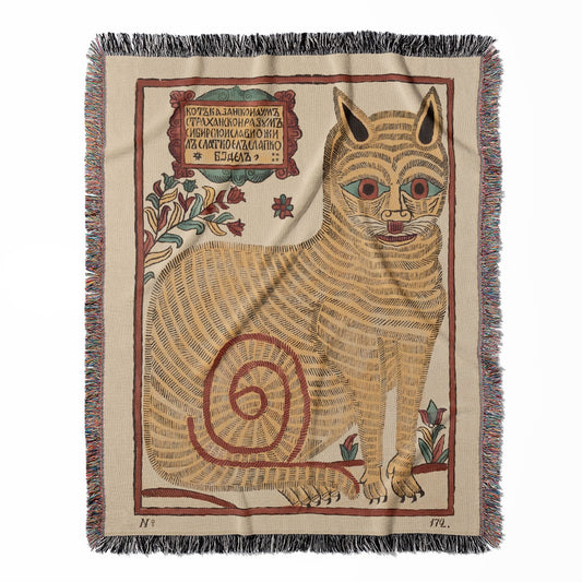 Cat Drawing woven throw blanket, crafted from 100% cotton, offering a soft and cozy texture with a funny crazy cat design for home decor.