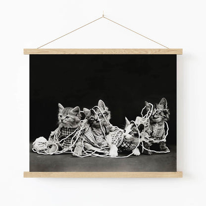 Cats Tangled in Yarn Art Print in Wood Hanger Frame on Wall
