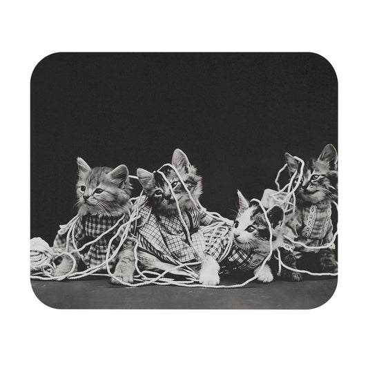 Cats Tangled in Yarn Mouse Pad with cute kittens art, desk and office decor showcasing playful kitten illustrations.