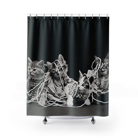 Cats Tangled in Yarn Shower Curtain with cute kittens design, playful bathroom decor featuring charming kitten themes.
