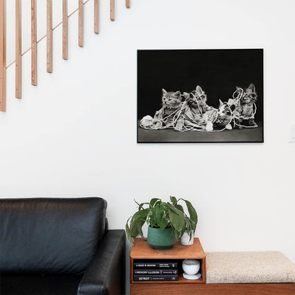 Cats Tangled in Yarn Wall Art Print in a Picture Frame on Living Room Wall