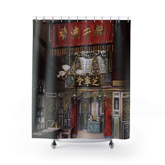 Chinatown Shower Curtain with antique pharmacy design, cultural bathroom decor featuring historical pharmacy themes.