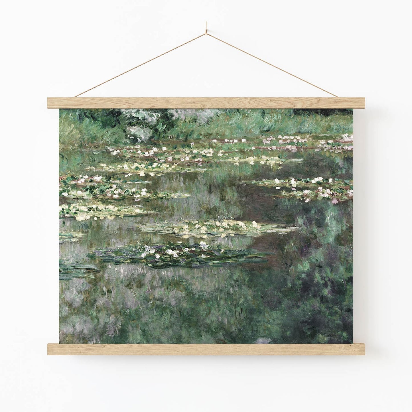 Lush Green Impressionist Art Print in Wood Hanger Frame on Wall