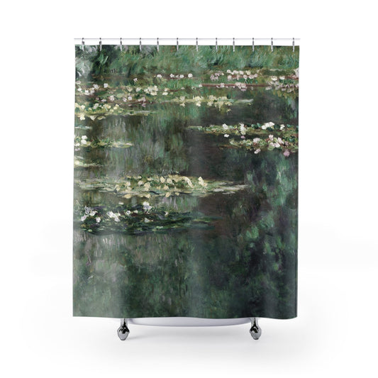 Classical Water Lilies Shower Curtain with Claude Monet design, elegant bathroom decor featuring Monet's lily pond artwork.