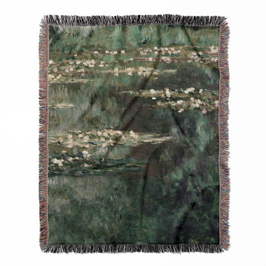 Classical Water Lilies woven throw blanket, crafted from 100% cotton, offering a soft and cozy texture with a Claude Monet design for home decor.
