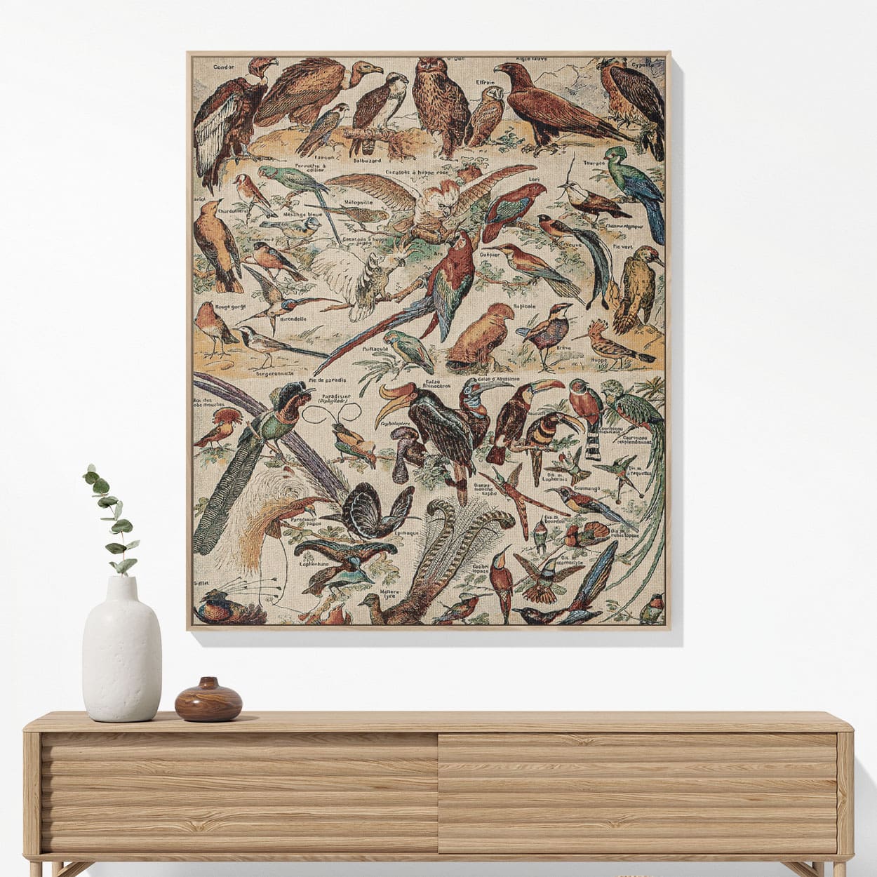 Collection of Birds Woven Blanket Hanging on a Wall as Framed Wall Art