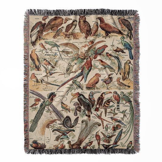 Collection of Birds woven throw blanket, crafted from 100% cotton, delivering a soft and cozy texture with a wild birds diagram for home decor.