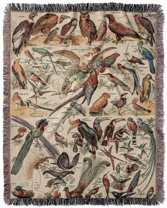 Collection of Birds woven throw blanket, crafted from 100% cotton, delivering a soft and cozy texture with a wild birds diagram for home decor.