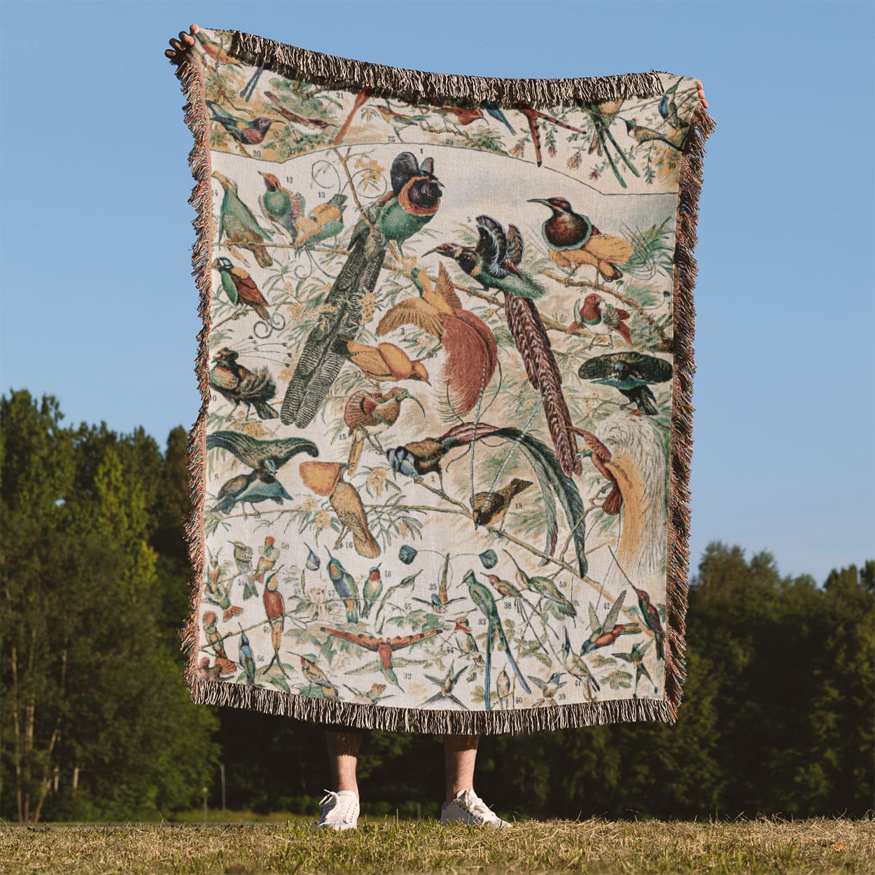 Collection of Birds Woven Throw Blanket Held Up Outside