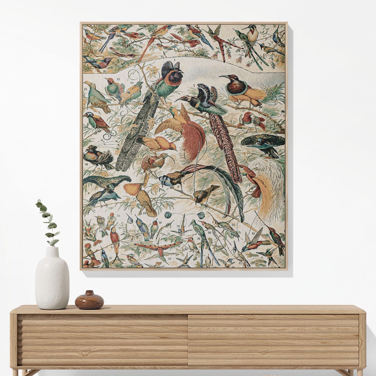 Collection of Birds Woven Blanket Woven Blanket Hanging on a Wall as Framed Wall Art