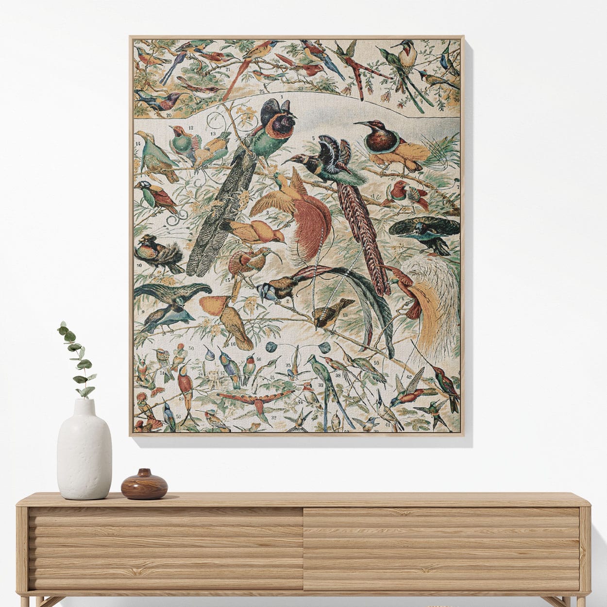 Collection of Birds Woven Blanket Hanging on a Wall as Framed Wall Art