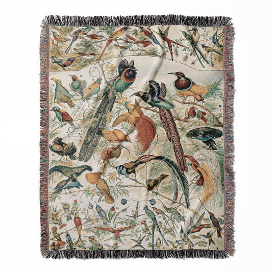 Collection of Birds woven throw blanket, made with 100% cotton, providing a soft and cozy texture with a tropical bird chart for home decor.