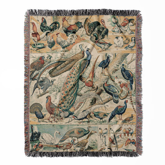 Collection of Birds woven throw blanket, crafted from 100% cotton, offering a soft and cozy texture with a wild birds chart for home decor.