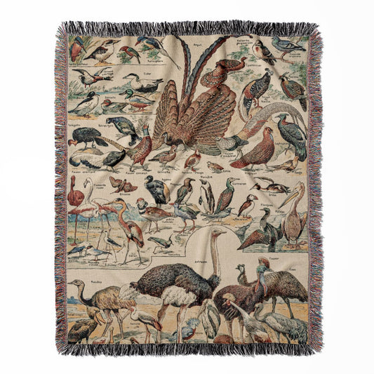 Collection of Birds woven throw blanket, crafted from 100% cotton, delivering a soft and cozy texture with a wild bird chart for home decor.