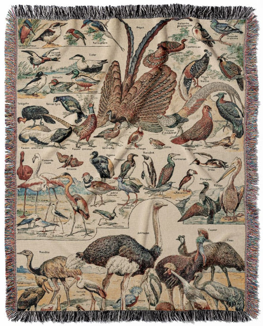 Collection of Birds woven throw blanket, crafted from 100% cotton, delivering a soft and cozy texture with a wild bird chart for home decor.