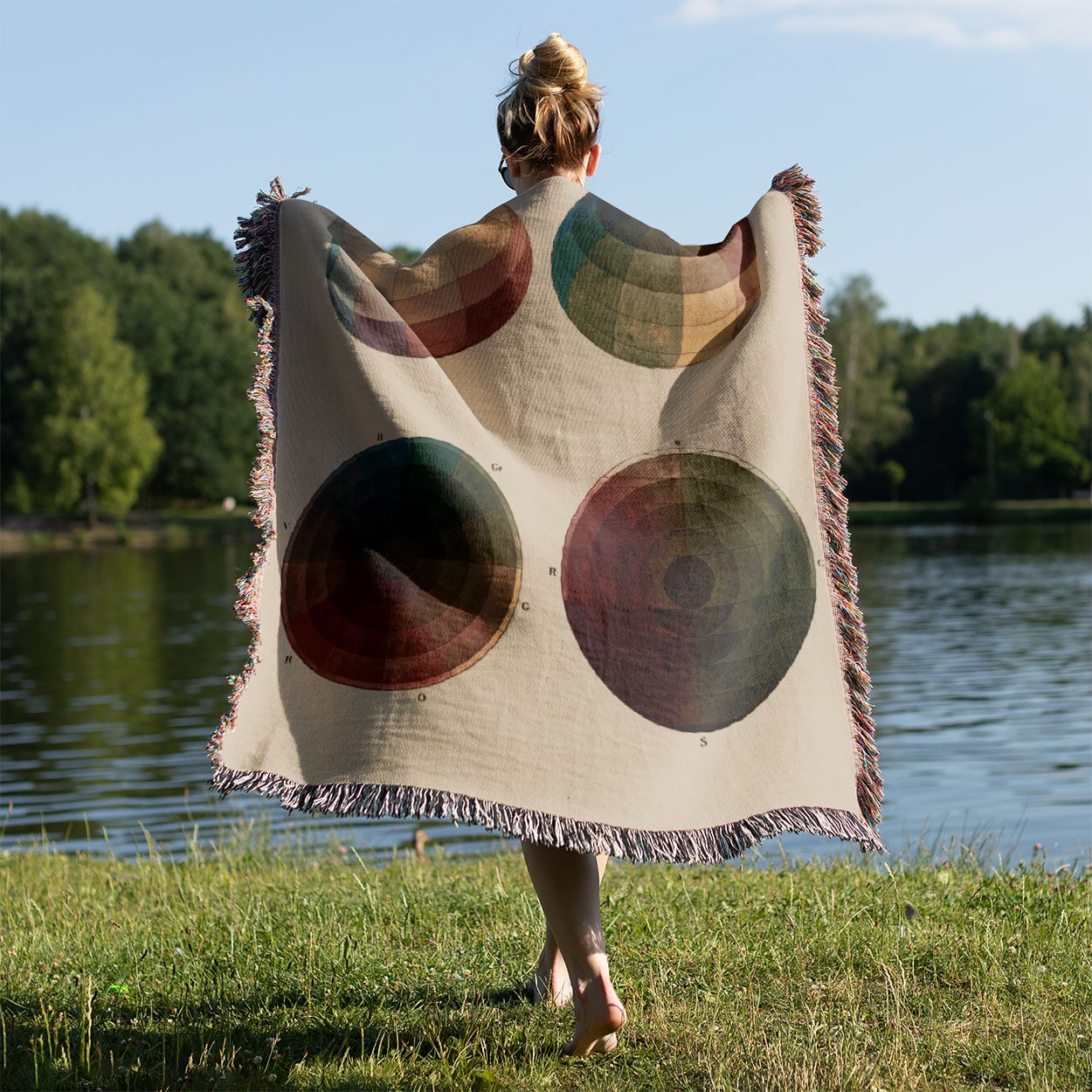 Color Study Woven Throw Blanket Held on a Woman's Back Outside