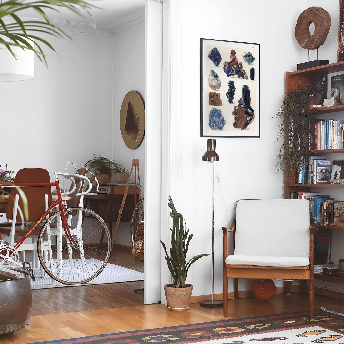Eclectic living room with a road bike, bookshelf and house plants that features framed artwork of a Purple, Blue and Multi-Color Gems above a chair and lamp