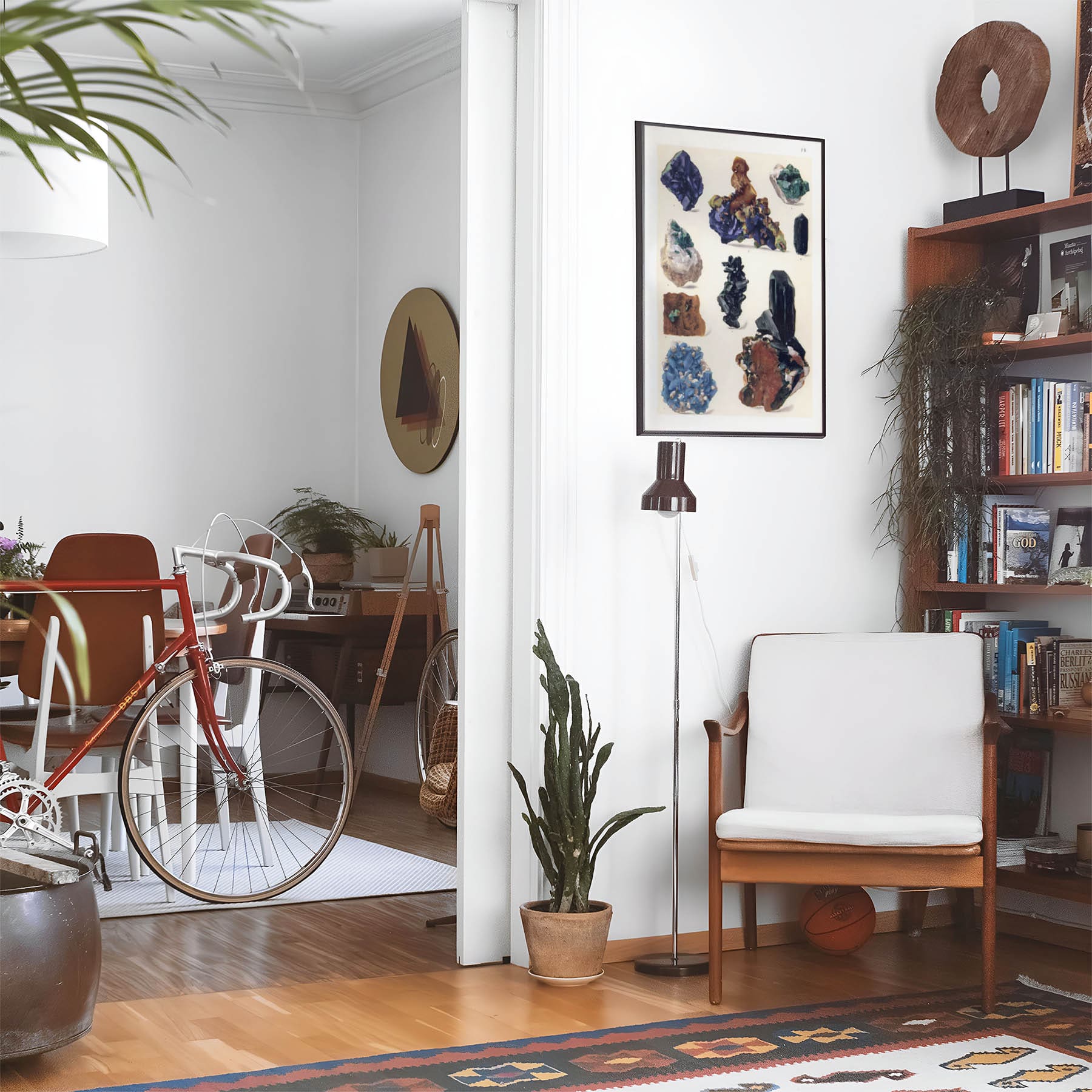 Eclectic living room with a road bike, bookshelf and house plants that features framed artwork of a Purple, Blue and Multi-Color Gems above a chair and lamp
