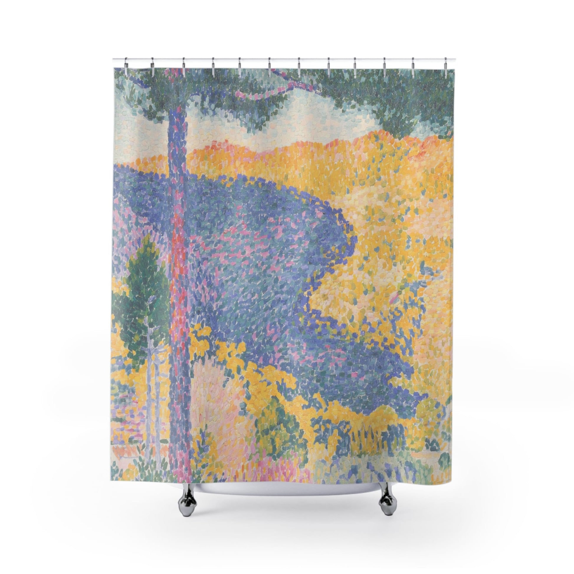 Colorful Landscape Shower Curtain with beautiful nature design, vibrant bathroom decor featuring lush natural scenery.