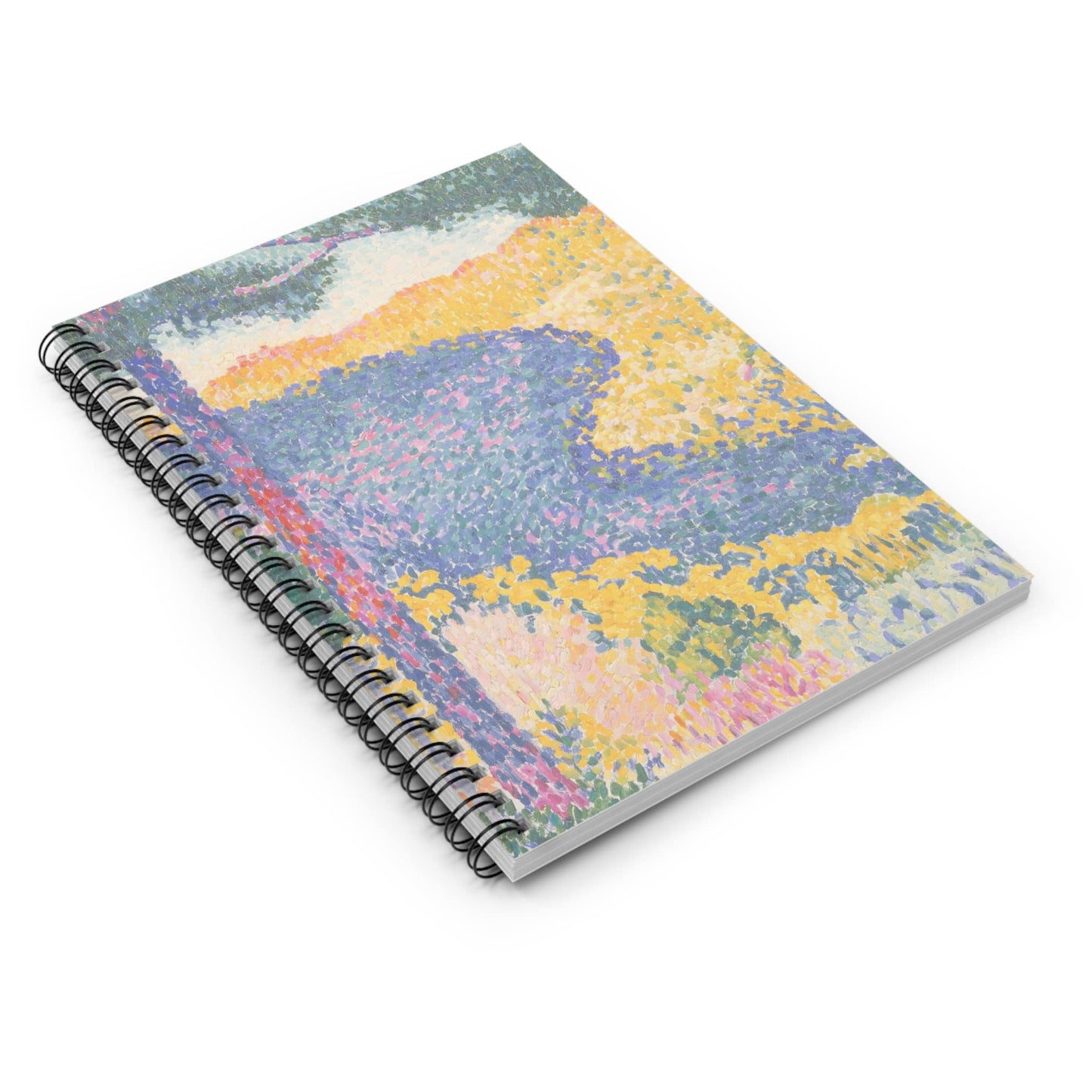 Colorful Landscape Spiral Notebook Laying Flat on White Surface