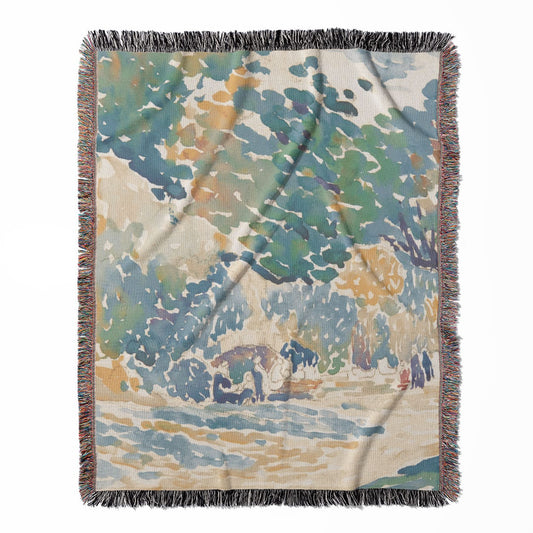 Colorful Nature woven throw blanket, made of 100% cotton, providing a soft and cozy texture with a watercolor design for home decor.