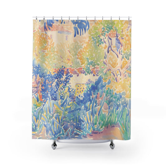 Colorful Nature Shower Curtain with beautiful watercolor design, artistic bathroom decor featuring vibrant natural scenes.