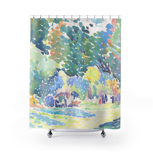 Colorful Nature Shower Curtain with watercolor design, artistic bathroom decor featuring vibrant natural scenes.
