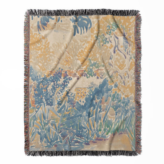 Colorful Nature woven throw blanket, made with 100% cotton, presenting a soft and cozy texture with a beautiful watercolor design for home decor.