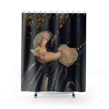 Contemplation Shower Curtain with marriage design, thoughtful bathroom decor featuring a contemplative marriage scene.