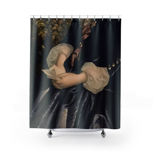 Contemplation Shower Curtain with marriage design, thoughtful bathroom decor featuring a contemplative marriage scene.
