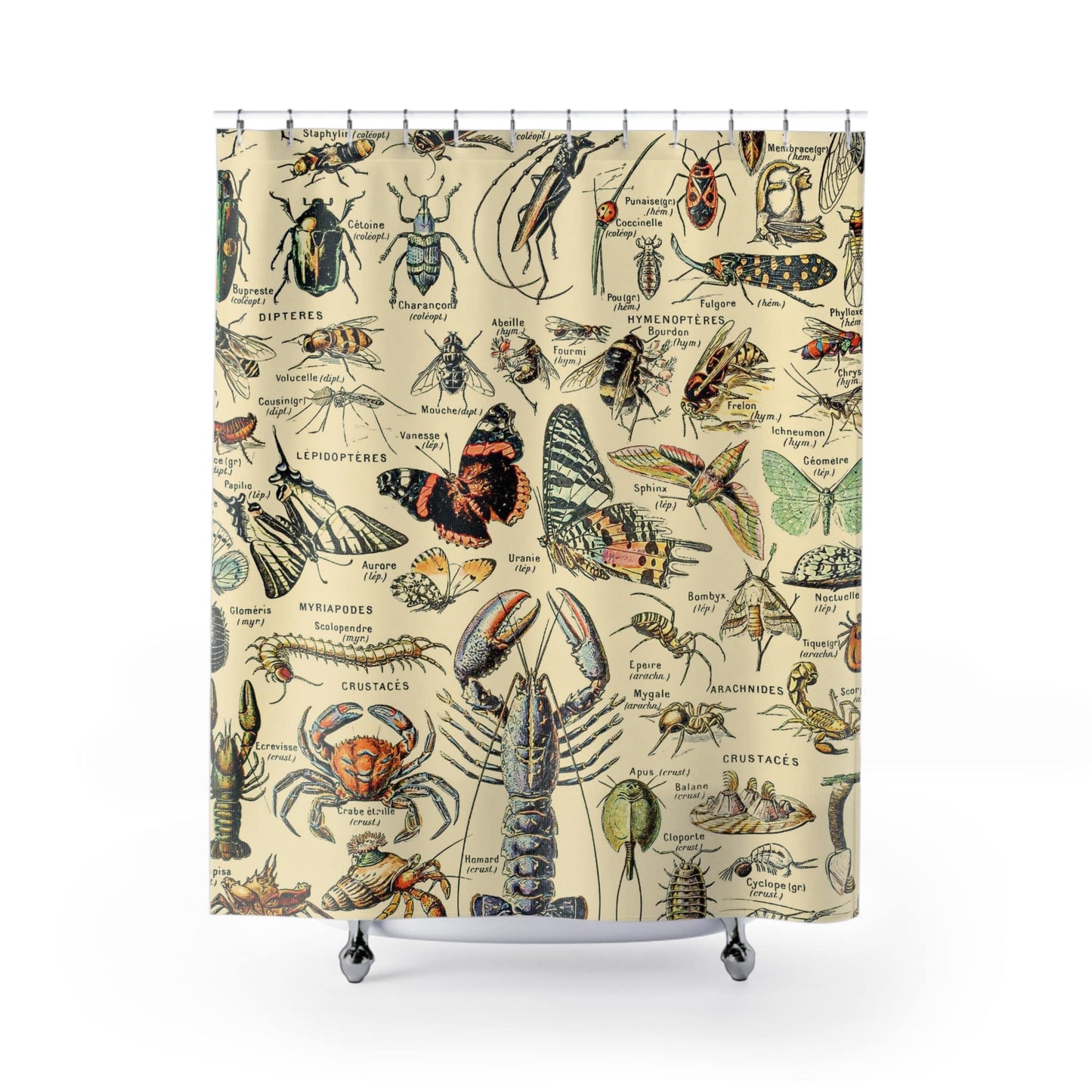 Cool Insects Shower Curtain with butterfly and bugs design, nature-inspired bathroom decor showcasing detailed insect art.