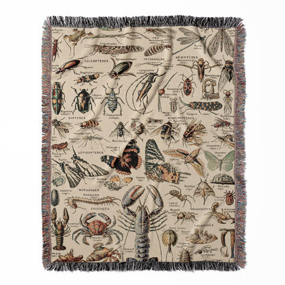 Cool Insects woven throw blanket, crafted from 100% cotton, offering a soft and cozy texture with butterflies and bugs for home decor.