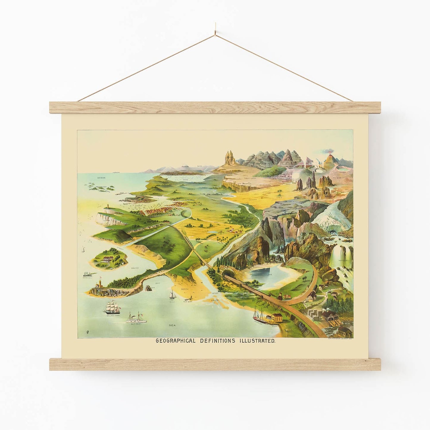 Vintage Geography Art Print in Wood Hanger Frame on Wall