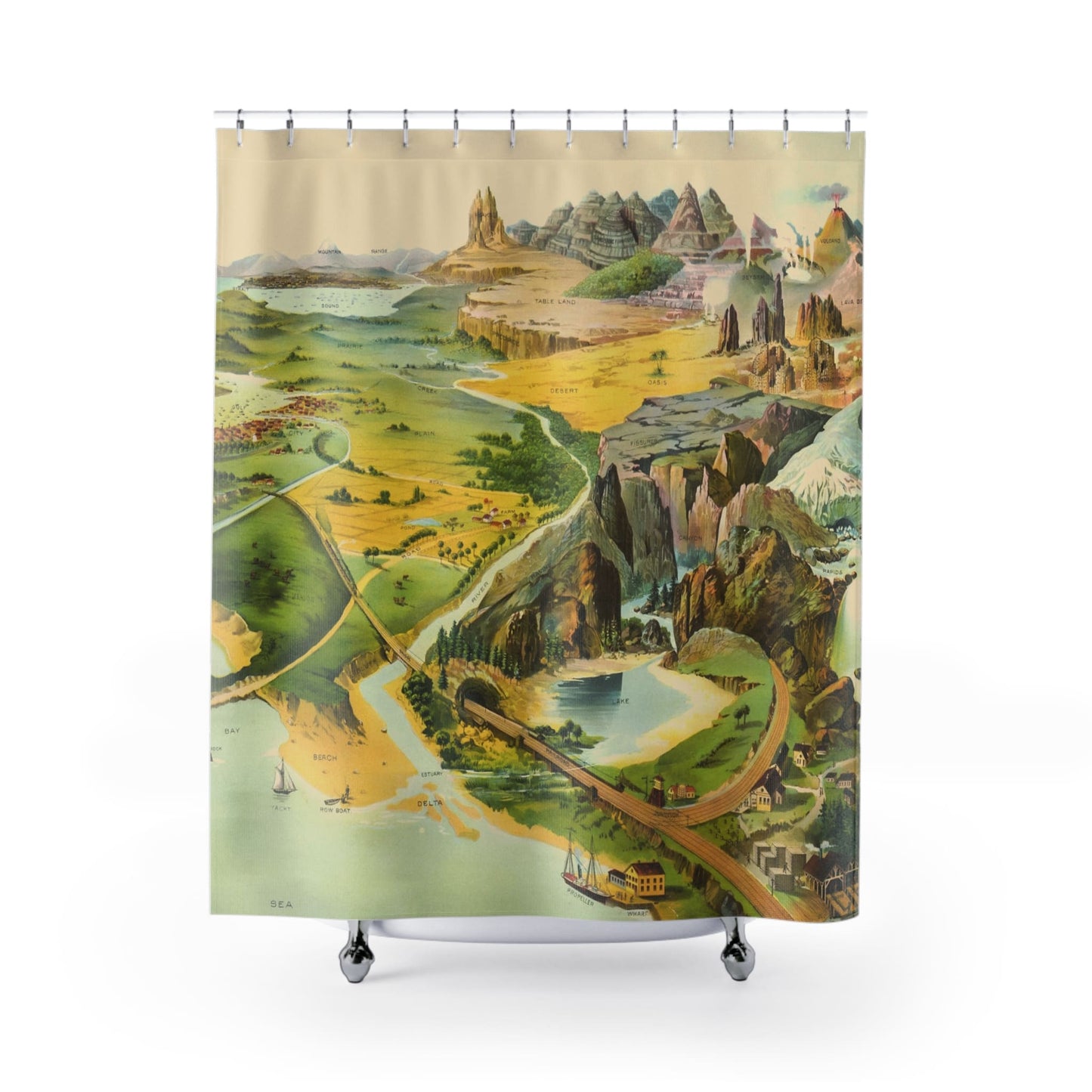 Cool Landscape Shower Curtain with geography chart design, educational bathroom decor featuring detailed landscape maps.