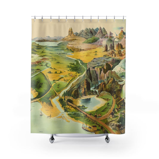 Cool Landscape Shower Curtain with geography chart design, educational bathroom decor featuring detailed landscape maps.