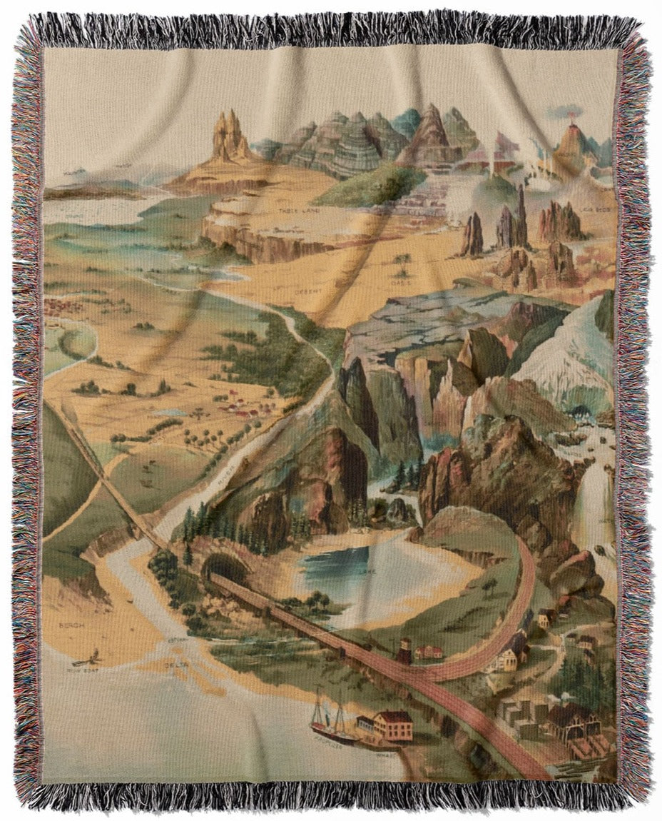 Cool Landscape woven throw blanket, made of 100% cotton, featuring a soft and cozy texture with a vintage geography chart for home decor.