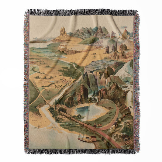 Cool Landscape woven throw blanket, made of 100% cotton, featuring a soft and cozy texture with a vintage geography chart for home decor.