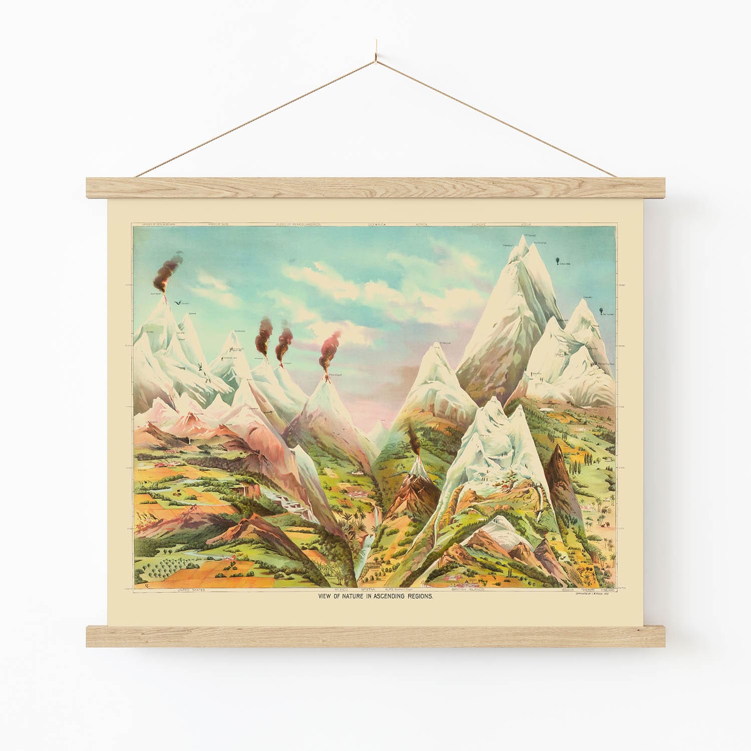 Cool Mountain Painting Art Print in Wood Hanger Frame on Wall