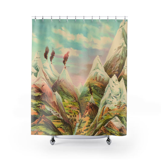 Cool Mountain Painting Shower Curtain with science diagram design, educational bathroom decor featuring detailed mountain art.