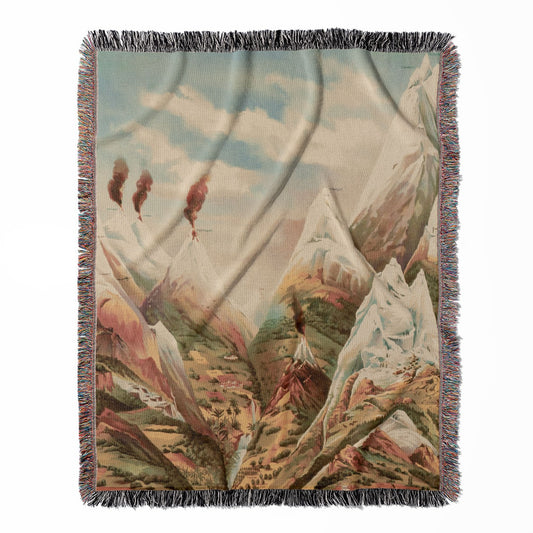 Cool Mountain Painting woven throw blanket, made with 100% cotton, delivering a soft and cozy texture with a scientific diagram theme for home decor.