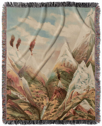 Cool Mountain Painting woven throw blanket, made with 100% cotton, delivering a soft and cozy texture with a scientific diagram theme for home decor.