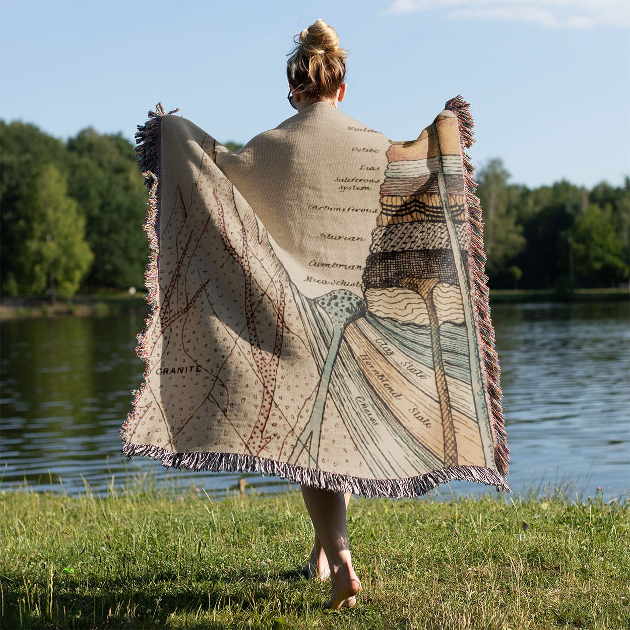 Cool Science Woven Blanket Held on a Woman's Back Outside